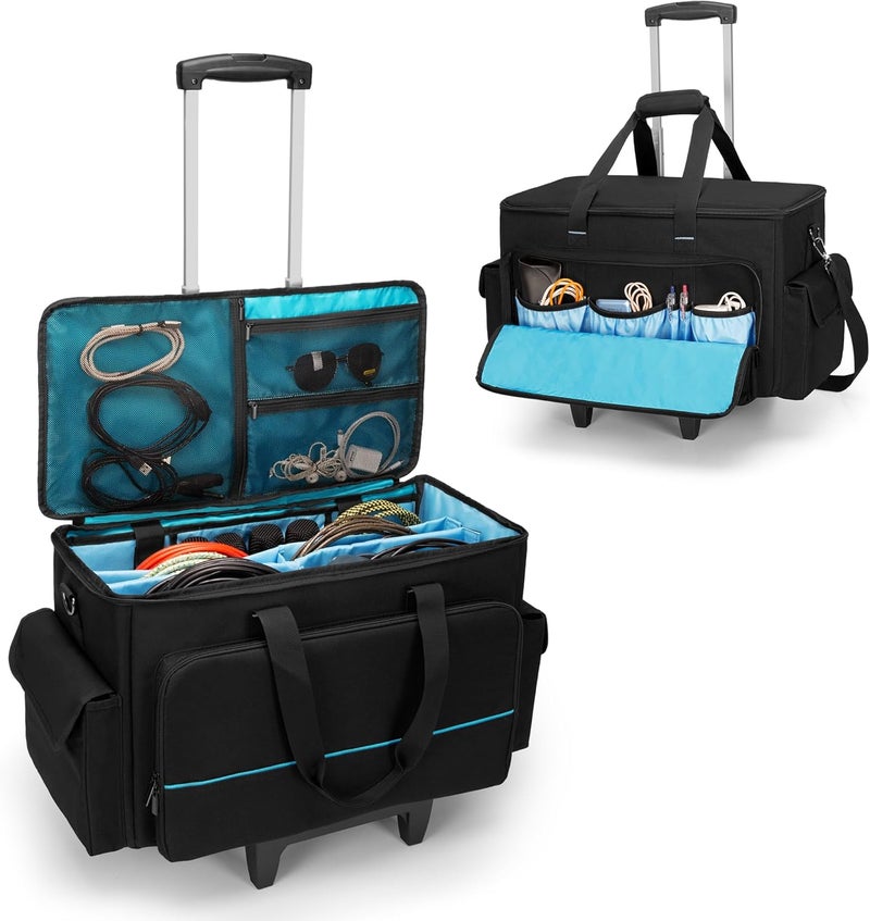 HODRANT Large Rolling DJ Cable Bag, Padded Gig Bag with Detachable Trolley & Divider, Music Gear Case with Multi Pockets for 15.6" Laptop, DJ Gear, Musical Instrument, Sound Equipment Storage - Image 1